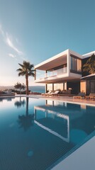 Fototapeta premium A Vertical Image Of A Balcony Pool Villa With A Swimming Pool Overlooking The Ocean.