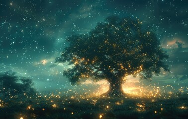 The dreamy giant wisdom tree with fireflies, the big tree at night surrounded by fireflies