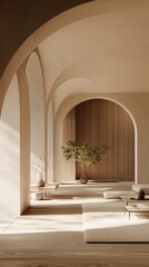 A Vertical Image Of A Modern Minimalist Living Room with Arch Wall Decor.