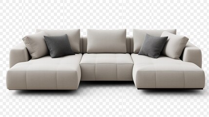 A Beige Couch With Multi-Colored Pillows On Transparent Background.
