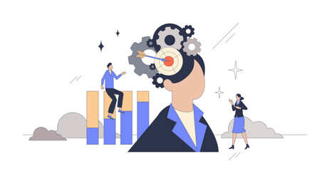 Behavioral targeting as online advertising strategy neubrutalism tiny person concept, transparent background. Technique used for effective ads campaign focused on precise social group.