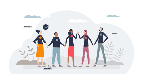 Community crowd with diverse and multicultural group tiny person concept, transparent background. Social teamwork and partnership for solidarity and cultural bonding illustration. Equality and peace. - obrazy, fototapety, plakaty