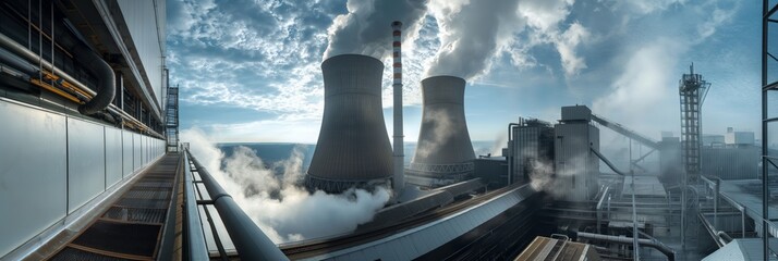 A panoramic view of an industrial complex with cooling towers emitting vast amounts of steam into the atmosphere