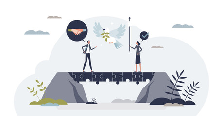 Conflict resolution and peaceful business agreement tiny person concept, transparent background. Find solution and compromise.