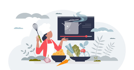Online cooking classes for meal preparation learning tiny person concept, transparent background. Kitchen chef broadcasting and video streaming process of preparing food illustration.