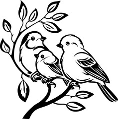 Birds on branch with leaves silhouette icon in black color. Vector template design illustration.