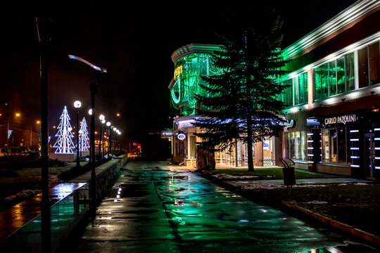 Obninsk, Russia - December 31, 2017: Pedestrian alley on Lenina street in the evening