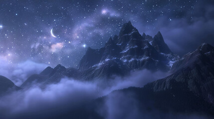 Dreamscapes the night. Star nebulae month and moon  - obrazy, fototapety, plakaty