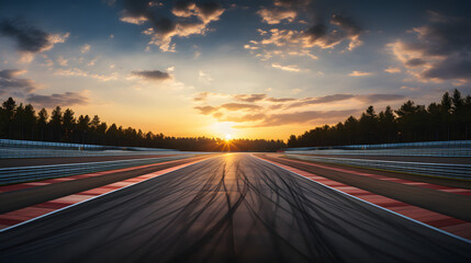 Asphalt race track and green woods nature landscape in summer