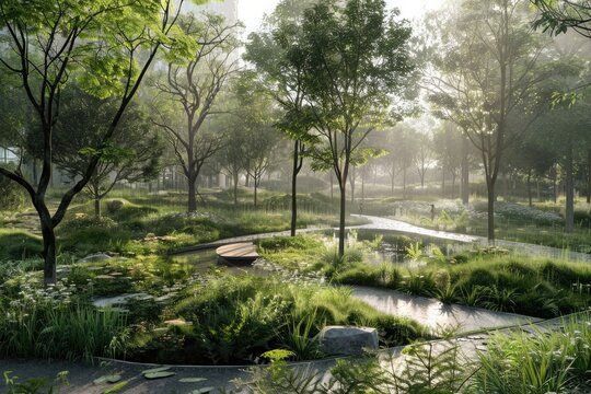 A network of interconnected green spaces within an urban environment, promoting biodiversity and resilience in the face of climate change.