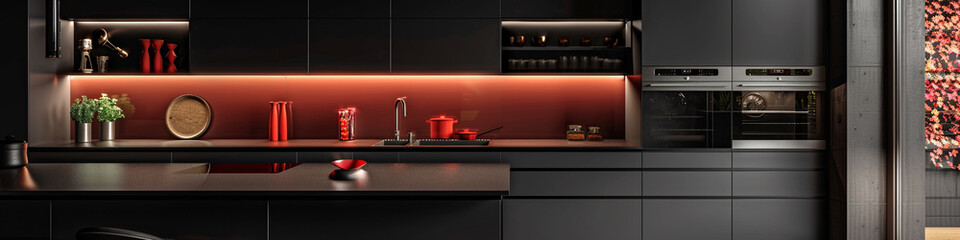 A contemporary kitchen with sleek, black cabinets and pops of vibrant red, providing copy space for...