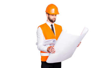 Portrait of busy handsome concentrated architect in shirt, tie and hard hat, expertising scheme of building, having open paper roll in hand, isolated on grey background