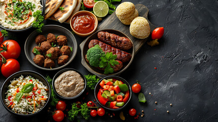 Middle eastern or arabic dishes and assorted meze on a dark background, Meat kebab, falafel, baba ghanoush, hummus, rice with vegetables, tahini, kibbeh, pita, Halal food, Space for text, Top view