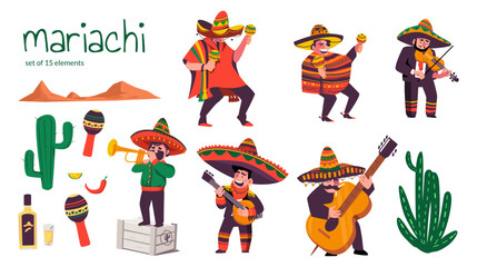 Mexican mariachi musicians with folk instruments. Set of vector elements isolated on a white background.