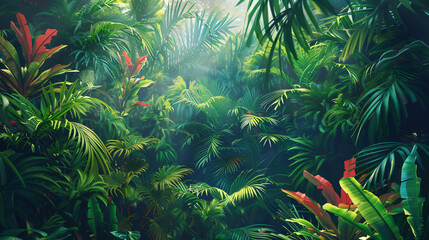 Dreamy fantasy deep jungle lush vegetation digital Illustration - obrazy, fototapety, plakaty