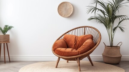 A Modern Minimalist Living Room Interior With A Wicker Chair In The Corner.