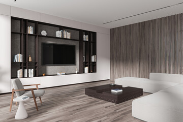 Modern living room interior with a white sofa, wooden elements, and a dark bookshelf with a TV, on a bright background. Home design concept. 3D Rendering