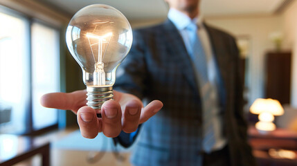 Bulb light idea concept. Energy electric lamp in hand. Innovation, creative, technology concept