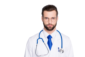 Portrait of trendy modern doc with stubble and modern hairstyle in white lab coat, tie and stethoscope on his neck, looking at camera, isolated on grey background