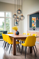 A colorful dining area with bright yellow chairs and a modern, geometric pendant light, featuring copy space for entertaining.