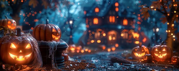 Enchanting Halloween night featuring glowing jack-o'-lanterns and a mystical haunted house