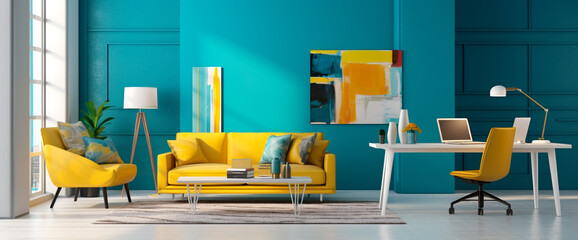 A colorful, contemporary office space with pops of bright teal and yellow against a backdrop of clean lines and minimalist furnishings, with plenty of copy space. - Powered by Adobe