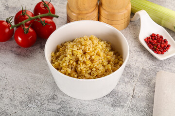 Boiled bulgur wheat in the bowl