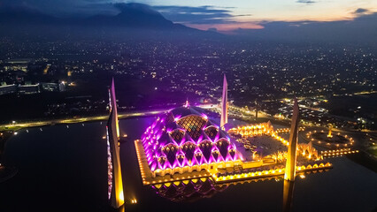 Aerial view of Al-Jabbar mosque in the night. Beautiful floating mosque of bandung west java...