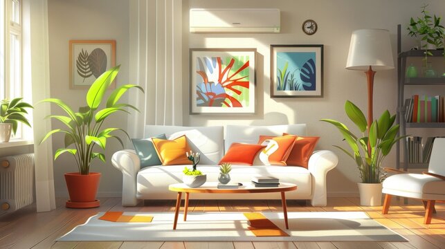 House Illustrations. Contemporary Living Room Interior Design with Solid Furniture and White Garnish