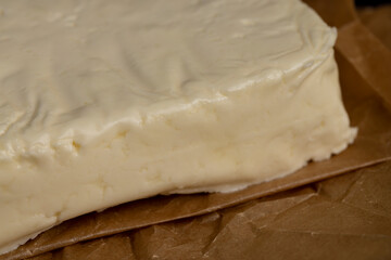 close-up of a piece of soft Caucasian cheese made from milk