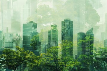 Environment Business - Double Exposure of Green City Showing Harmony of Nature and Urban Development