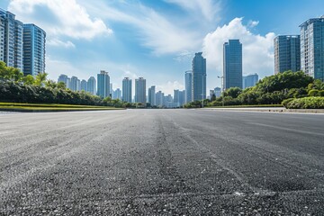 City And Road. Empty Asphalt Road in Modern Cityscape with Skyscrapers