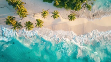 Beautiful beach with turquoise water and waves from above, top view