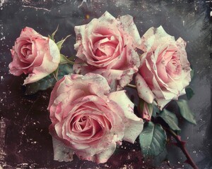Flowers Roses. Pink Rose Bouquet in Vintage Style on Dark Background, Floral Blossoms in Romantic Retro Filter