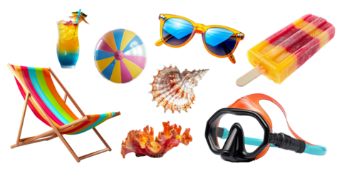 Set of Summer accessories elements for holiday vacation isolated on background, Beach items for swimming and relax, beach ball, seashell, hat and other.
