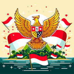 Happy Pancasila Day 1 June Indonesia with Symbol Bird Garuda Island and Flag Vector Background