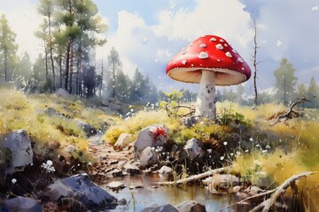 Enigmatic beauty. gorgeous fly agaric mushroom blooming in a serene deep forest glade - obrazy, fototapety, plakaty