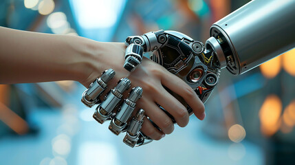 Robot and human hand. Artificial intelligence, technology background