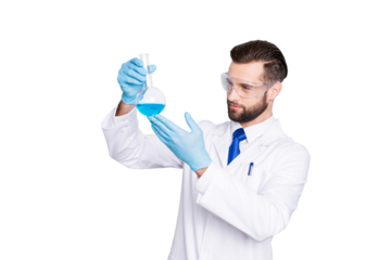 Portrait of concentrated busy scientist with stubble in white lab coat, gloves examine, looking at  flask with multi-colored liquid in his arm, isolated on grey background