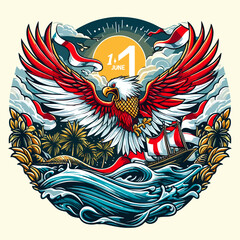 Happy Pancasila Day 1 June Indonesia with Symbol Bird Garuda Island and Flag Vector Background