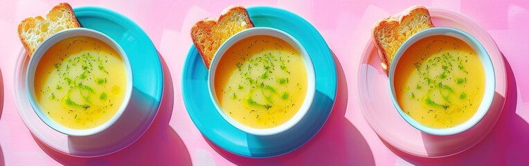 Three bowls of yellow soup placed on a pink surface
