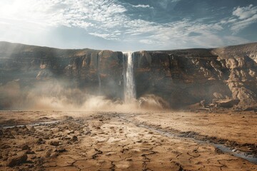 A majestic waterfall reduced to a trickle amidst a drought-stricken landscape, symbolizing the dwindling water resources caused by changing climate patterns.