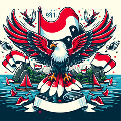 Fototapeta na wymiar Happy Pancasila Day 1 June Indonesia with Symbol Bird Garuda Island and Flag Vector Background