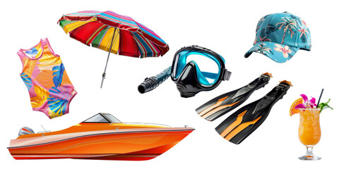 Set of Summer accessories elements for holiday vacation isolated on background, Beach items for swimming and relax, beach ball, seashell, hat and other.