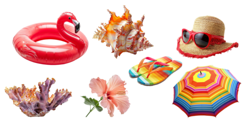 Set of Summer accessories elements for holiday vacation isolated on background, Beach items for swimming and relax, beach ball, seashell, hat and other.