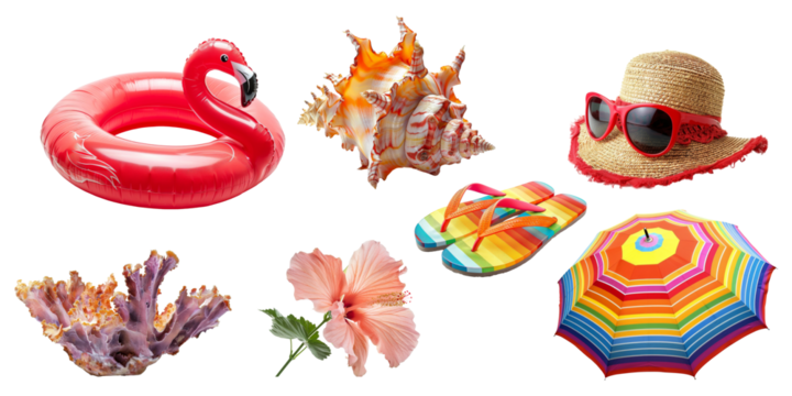 Set of Summer accessories elements for holiday vacation isolated on background, Beach items for swimming and relax, beach ball, seashell, hat and other.