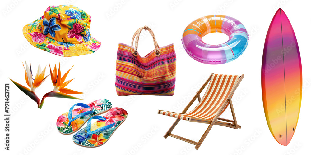 Wall mural Set of Summer accessories elements for holiday vacation isolated on background, Beach items for swimming and relax, beach ball, seashell, hat and other.