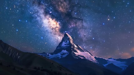 A majestic, snow-capped mountain range under a clear, starry sky. - Powered by Adobe