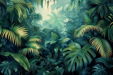 3d wallpapaper. Tropical forest, wild jungle. Closeup nature view of green leaf and palms background. Flat lay, dark nature concept, tropical leaf, Generative AI