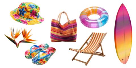 Set of Summer accessories elements for holiday vacation isolated on background, Beach items for swimming and relax, beach ball, seashell, hat and other.